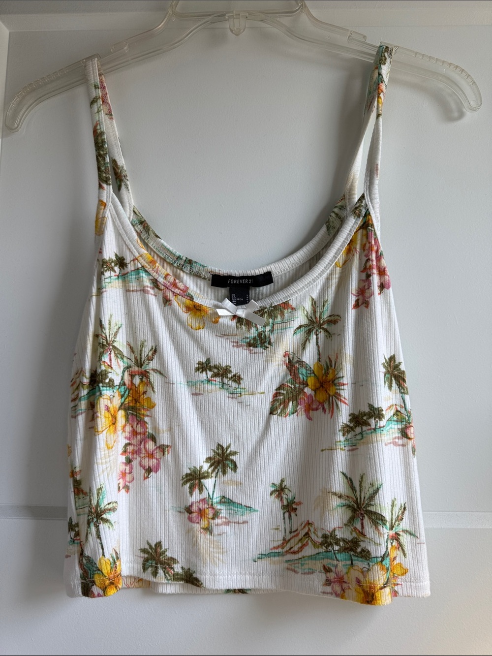 Forever 21 White Tropical Floral Ribbed Crop Tank Top